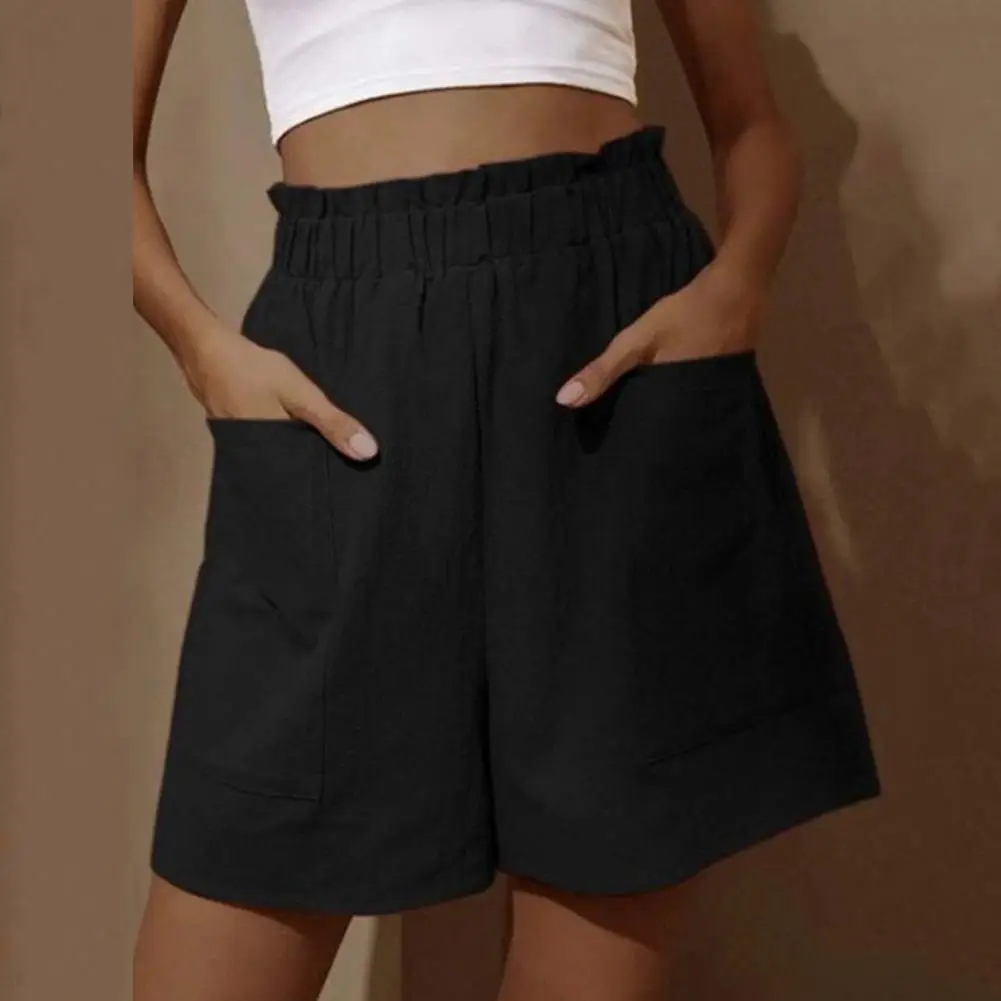 Summer Women Shorts Solid Color Elastic High Waist Casual Shorts Loose Side Pockets Shirring Straight A-line Shorts For Daily