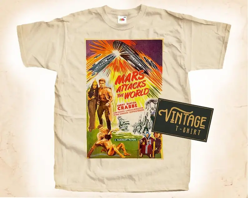 

Mars Attacks The World T shirt Tee Natural Vintage Cotton Movie Poster Beige All Sizes