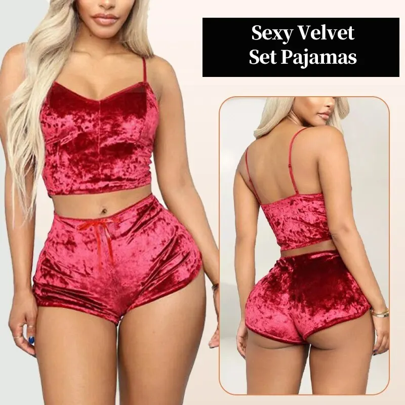 Women Sexy Strappy Pajama Set Women\'s Velvet Polyester Comfortable V-neck Underwear Home Clothes 2 Piece Sleeveless