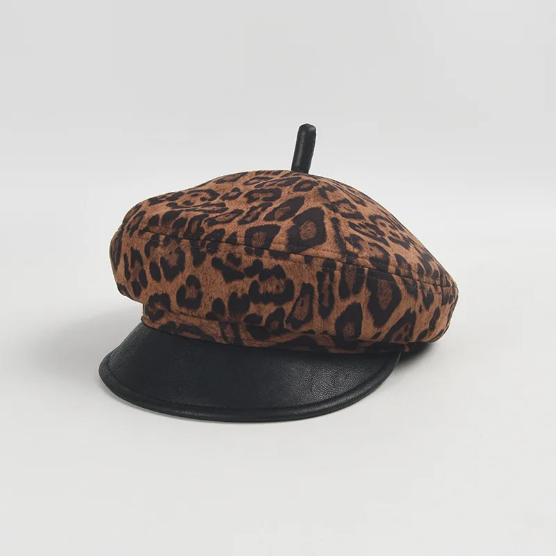 

USPOP New Autumn Winter Women Thick Warm Hats Fashion Leopard Print Suede Leather Brim Stitching Octagonal Hat