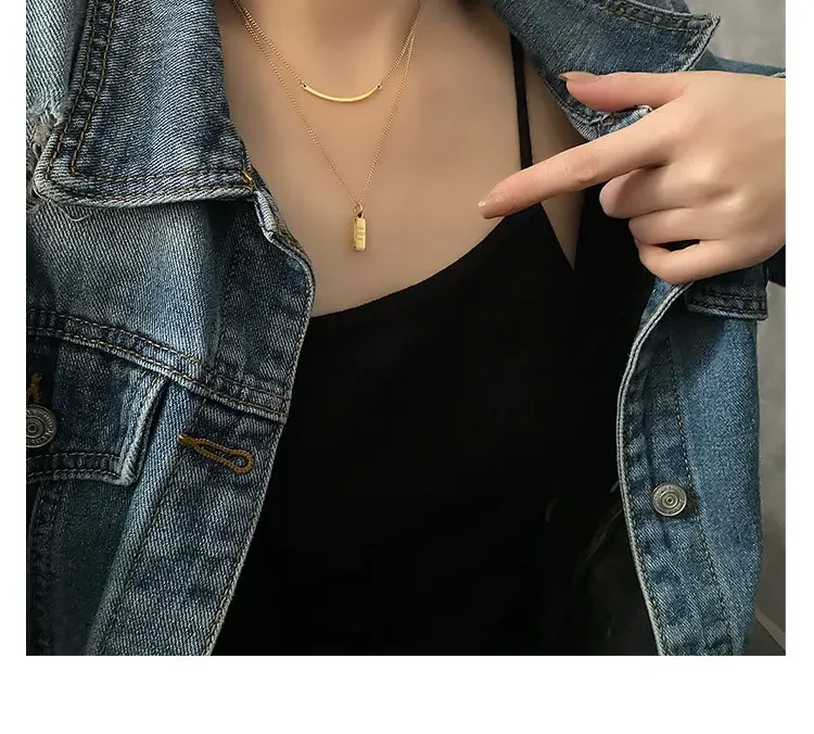 Titanium Steel Not Fade Necklace Female Rectangular Banboo pendant Zircon Clavicle Chain Plated Gold color Simple Jewelry