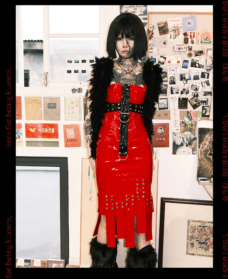 Lautaro Cool Red and Black Patchwork Patent Leather Y2K Tank Tops 2000s Women Luxury Designer Gothic Woman Clothing Streetwear