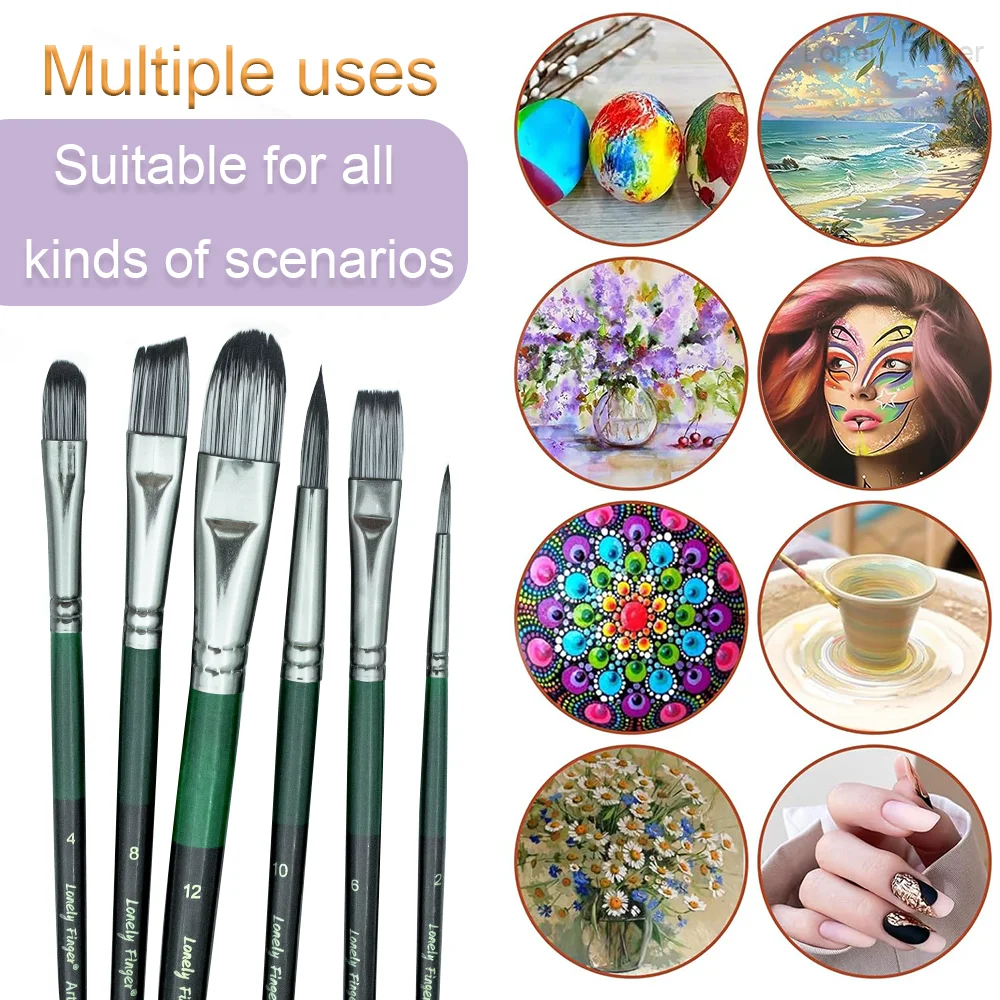Set di pennelli 6 pezzi per pittura artistica in nylon flessibile per pittura ad olio e viso a guazzo ad acquerello acrilico