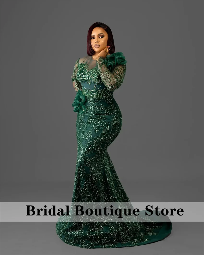 Glitter Dark Green Mermaid Prom Dress Flowers Beaded Evening Dress Formal Party Second Reception Gown Birthday Customized