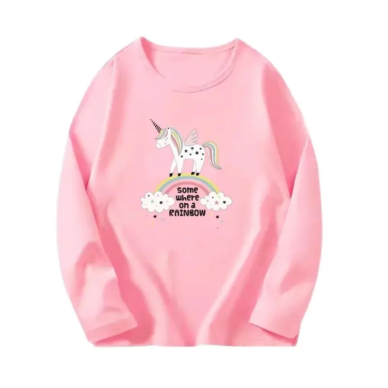 Mode niedlichen Regenbogen Einhorn Mädchen T-Shirt Kinder Cartoon Langarm T-Shirt Rundhals Baumwolle Tops 3-14 Jahre