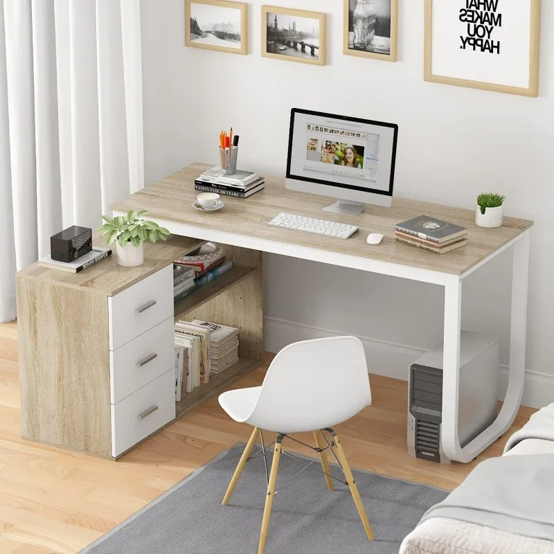 

Home Office Computer Desks Corner Desk with 3 Drawers and 2 Shelves, 55 Inch Large L-Shaped Study Writing Table