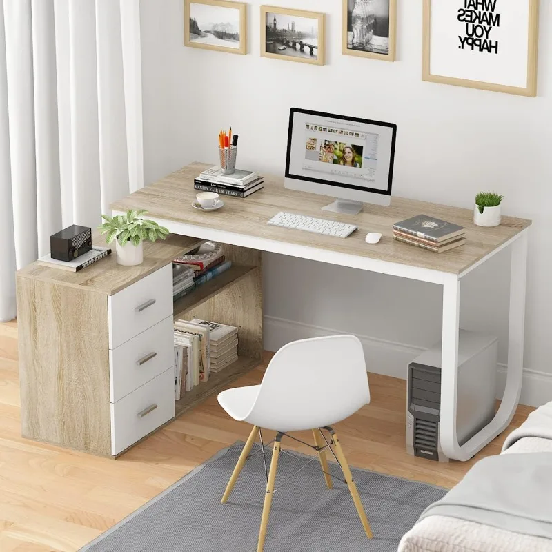 Home Office Computer Desks Corner Desk with 3 Drawers and 2 Shelves, 55 Inch Large L-Shaped Study Writing Table