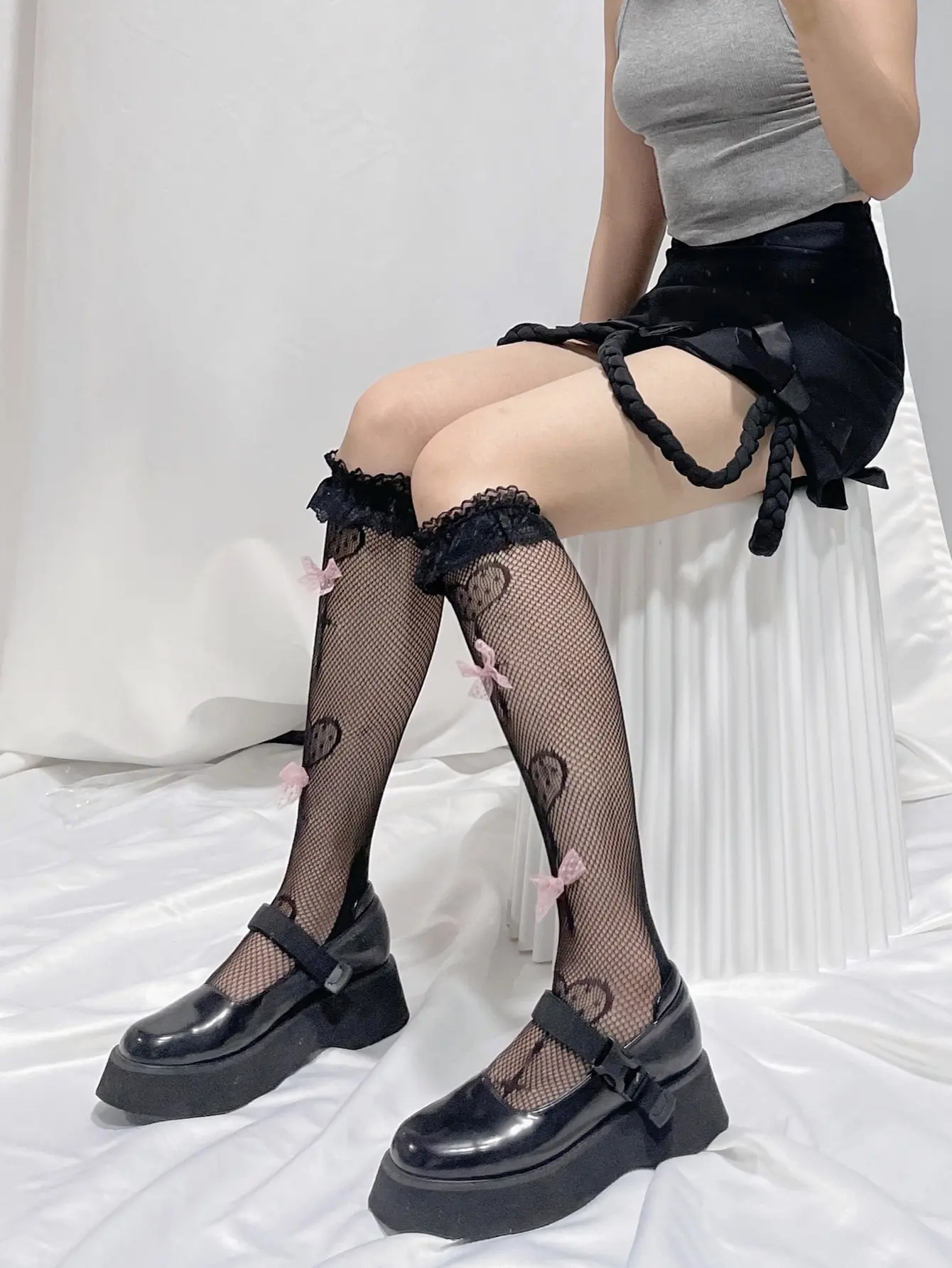Women Lace Trim Heart Fishnet Knee High Socks Cute Pink Bow Mesh Calf Socks Jk Lolita Sweet Gothic Daily Party Legwear