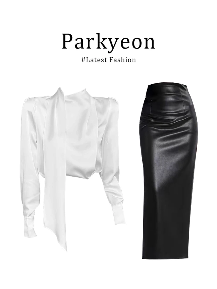 

Parkyeon Black High Waist Slimming Leather Pants Women's Style Autumn Winter New Pure Desire Bodycon Long Skirt