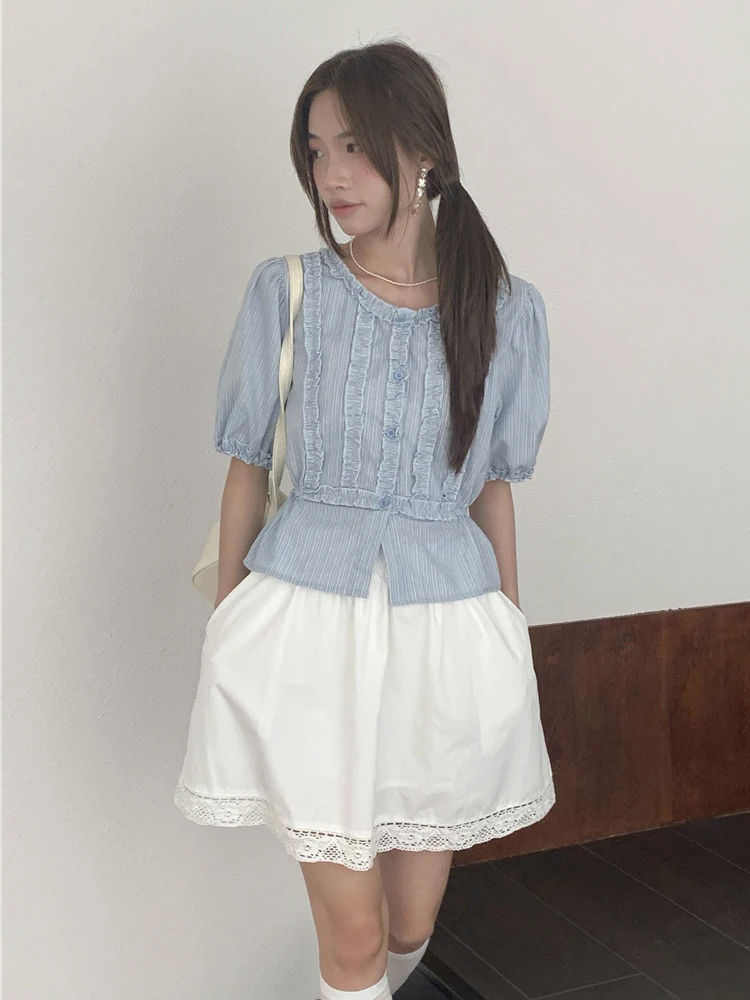 

Шикарная синяя полосатая женская рубашка с поясом под дерево, с коротким рукавом, элегантная красивая короткая рубашка, летняя мода