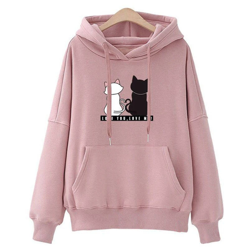 Autumn Hoodie Women's Casual Hooded Sweatshirt Creative Hoodie Matching Streetwear Cute Cat Pattern Monogram Hoodie