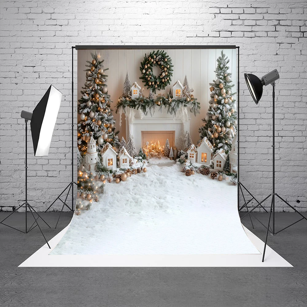 Winter Snow Christmas Photography Backdrop Santa Claus Toy Store Wooden Board Fireplace Kids Family Portrait Photo Background