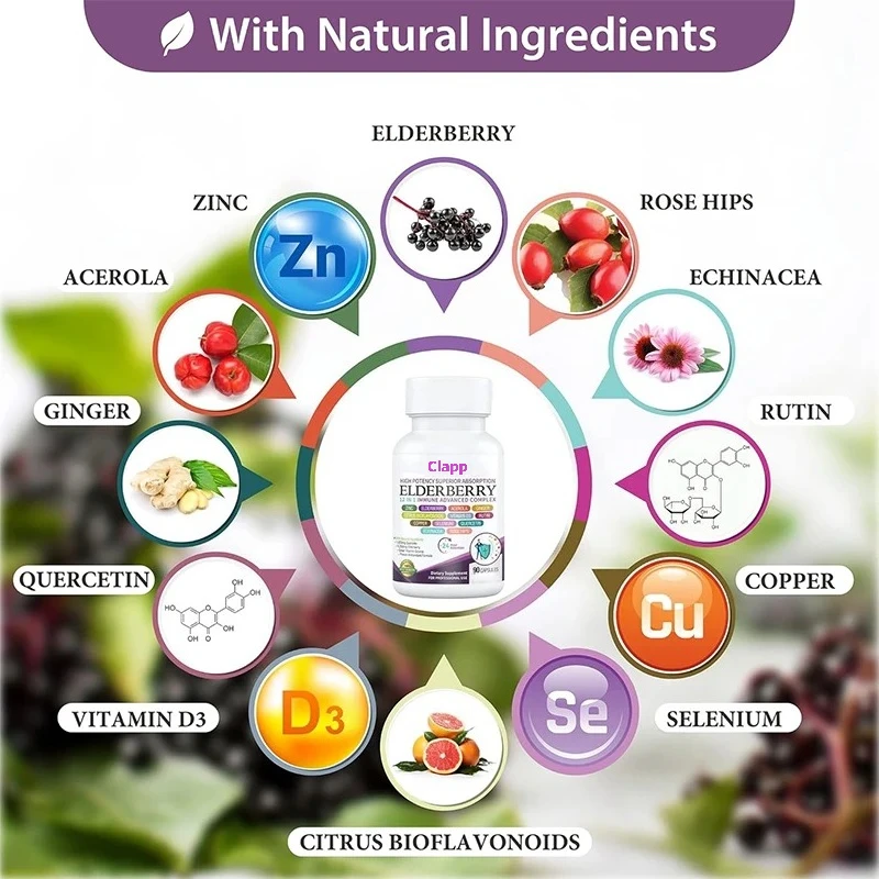 Nutritional elderberry/12-in-1 advanced complex, supplemented with selenium, copper, and vitamin D3 (5000 IU), 60 capsules