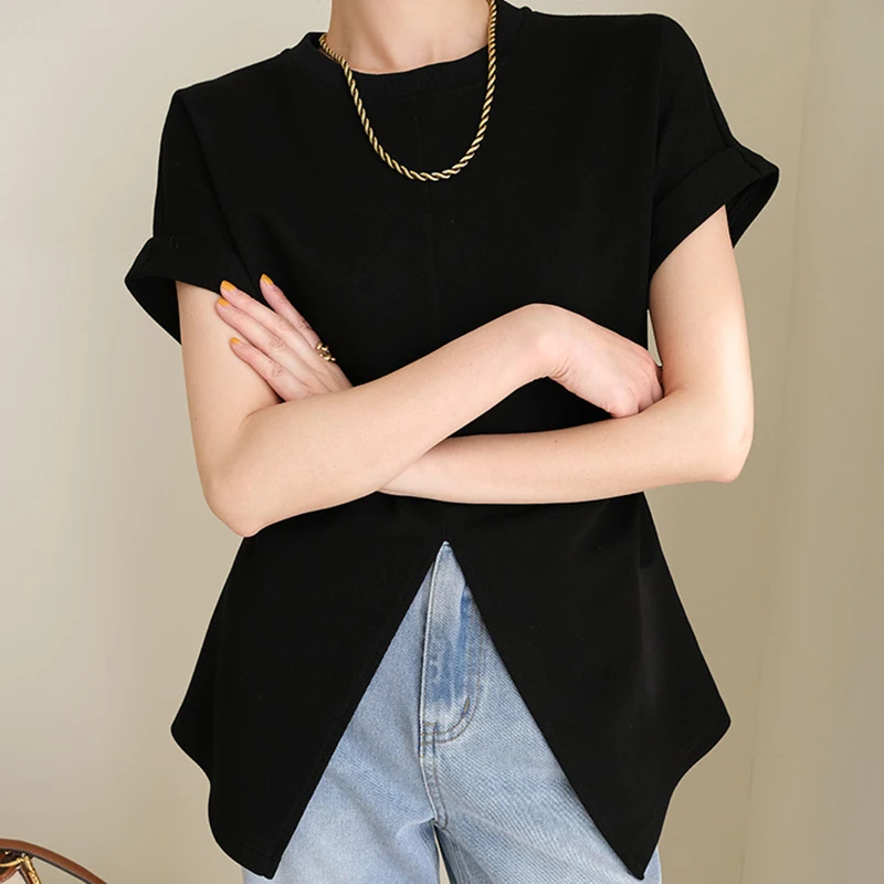 Summer Female Clothing Japanese Y2k Fashion Solid Color O-Neck Waist Closing Front Split T-Shirt Short Sleeve Top Blusa Mujer