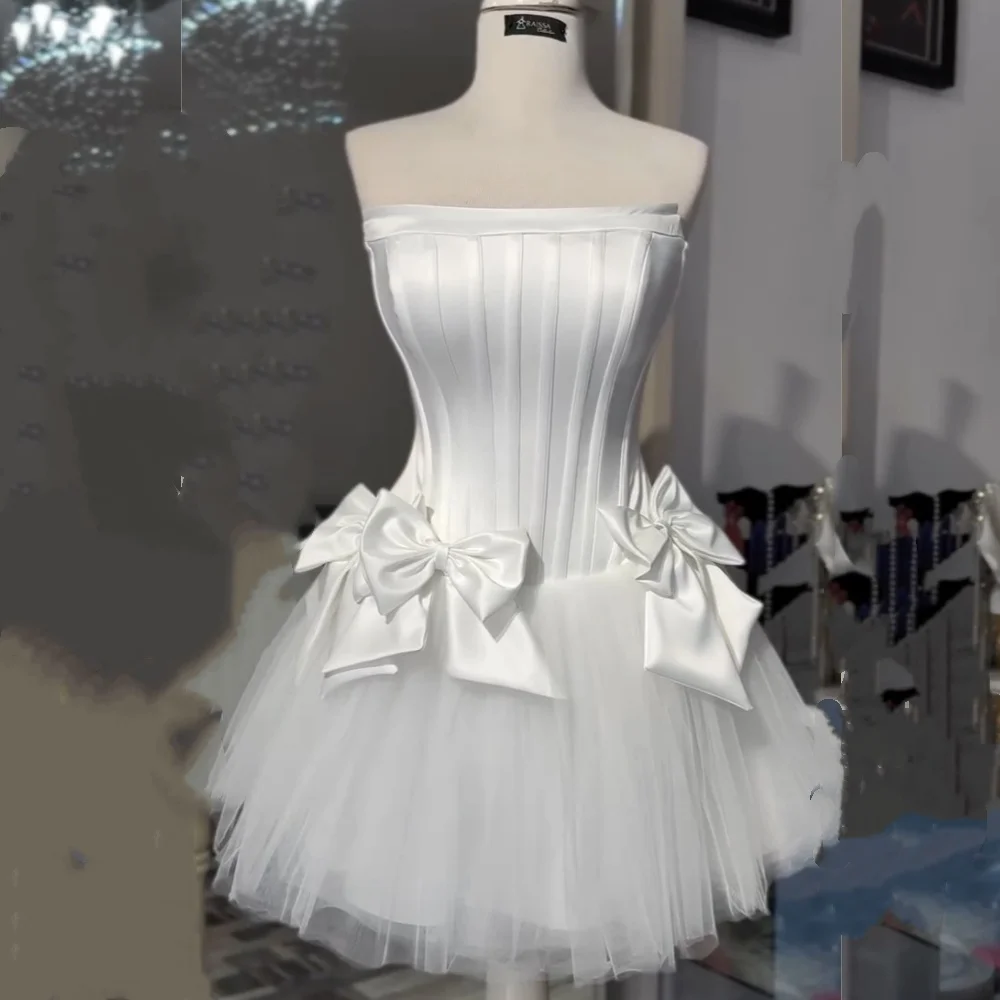 

Индивидуальные классические изысканные платья трапециевидной формы с сетчатым бантом без бретелек длиной до колена на заказ, пасторальные платья