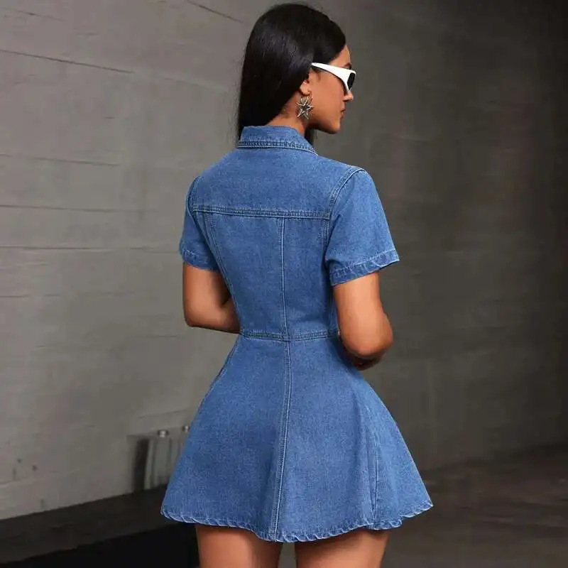 

218671 Women's New Denim Style Casual Waist Cinched Lapel Dress Corset Lace Denim 2025 Summer Dress Robe Vestido Women Party
