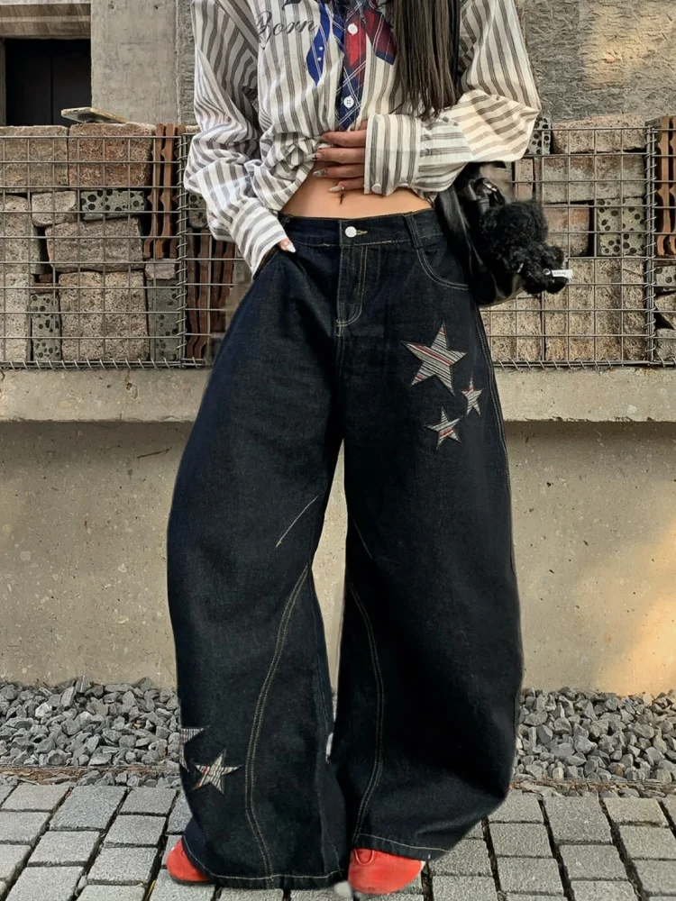 2026 Gothic Y2K Style Star Embroidery Black Baggy Women's Jeans Pants For Woman Clothing Wide Leg Loose Streetwear Long Trousers