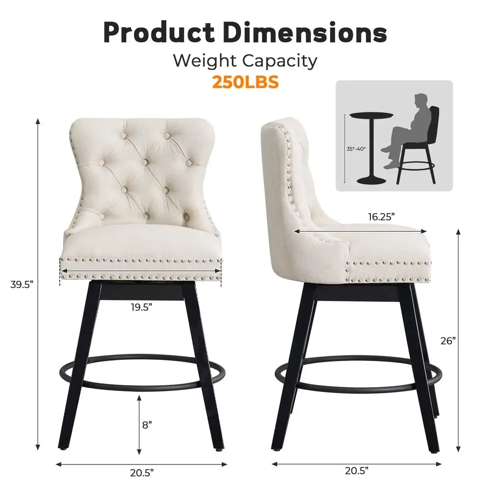 

Bar Stools Set of 2 with Back, 26 Swivel Counter Height Stool with Wood Legs, Modern BarStools for Kitchen Island, Dining Room,
