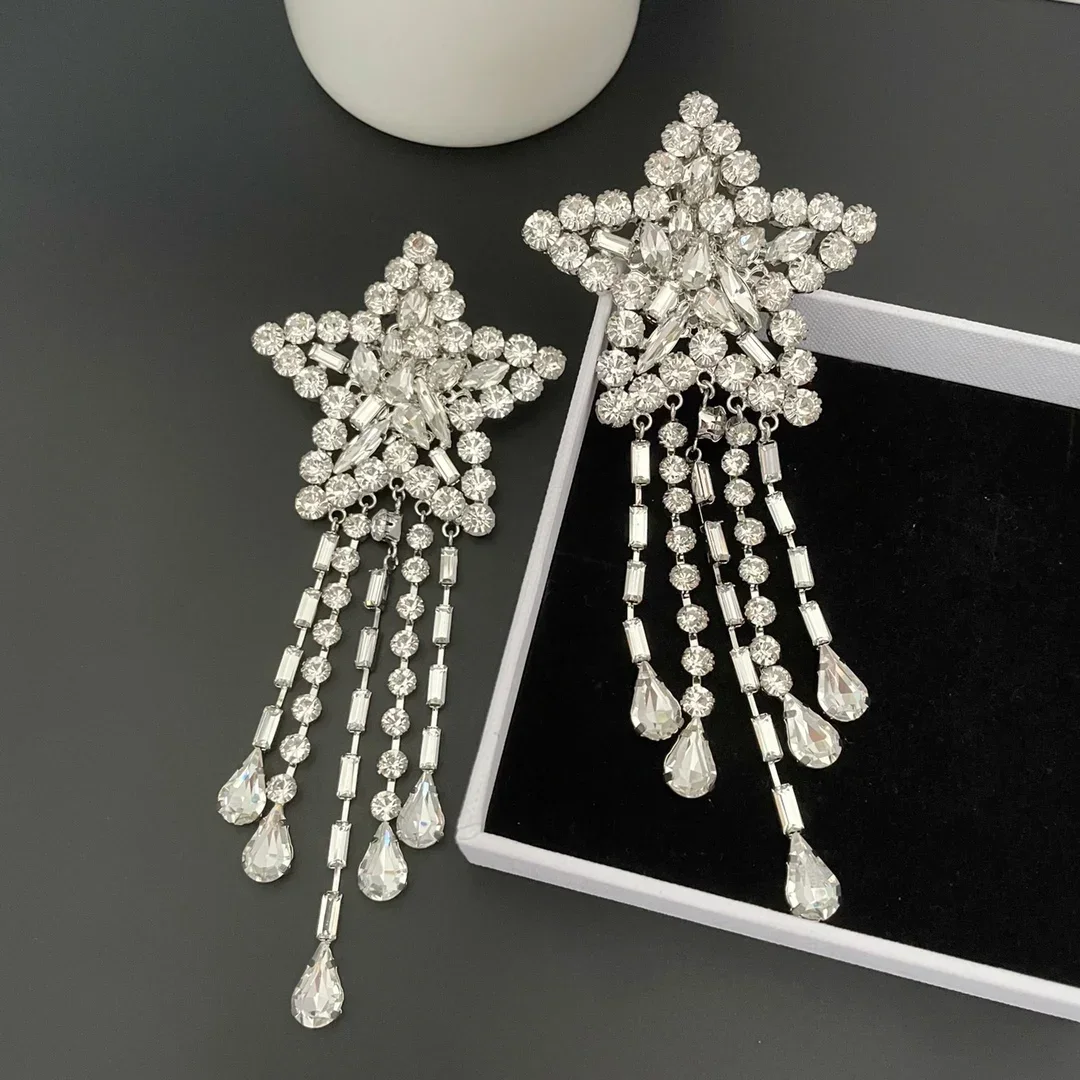 

Europe Crystal Star Pendant Tassel Large Brooch Earrings Silver Ear Clip Women Jewelry Trend