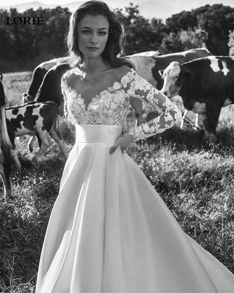 LORIE Top Lace Wedding Dress V Neck Long Sleeve Bridal Dress vestidos de novia Elegant Satin Princess Wedding Gowns