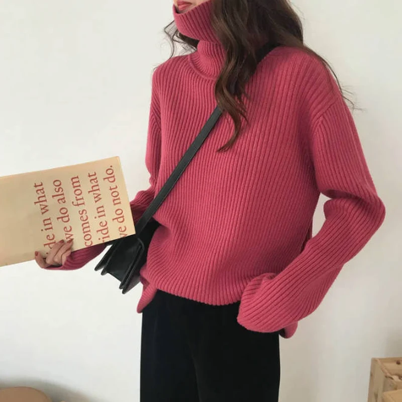 Commuting Style Sweater Cozy Women\'s Turtleneck Sweaters Stylish Ribbed Knitwear for Autumn Winter Loose Fit Long Sleeve