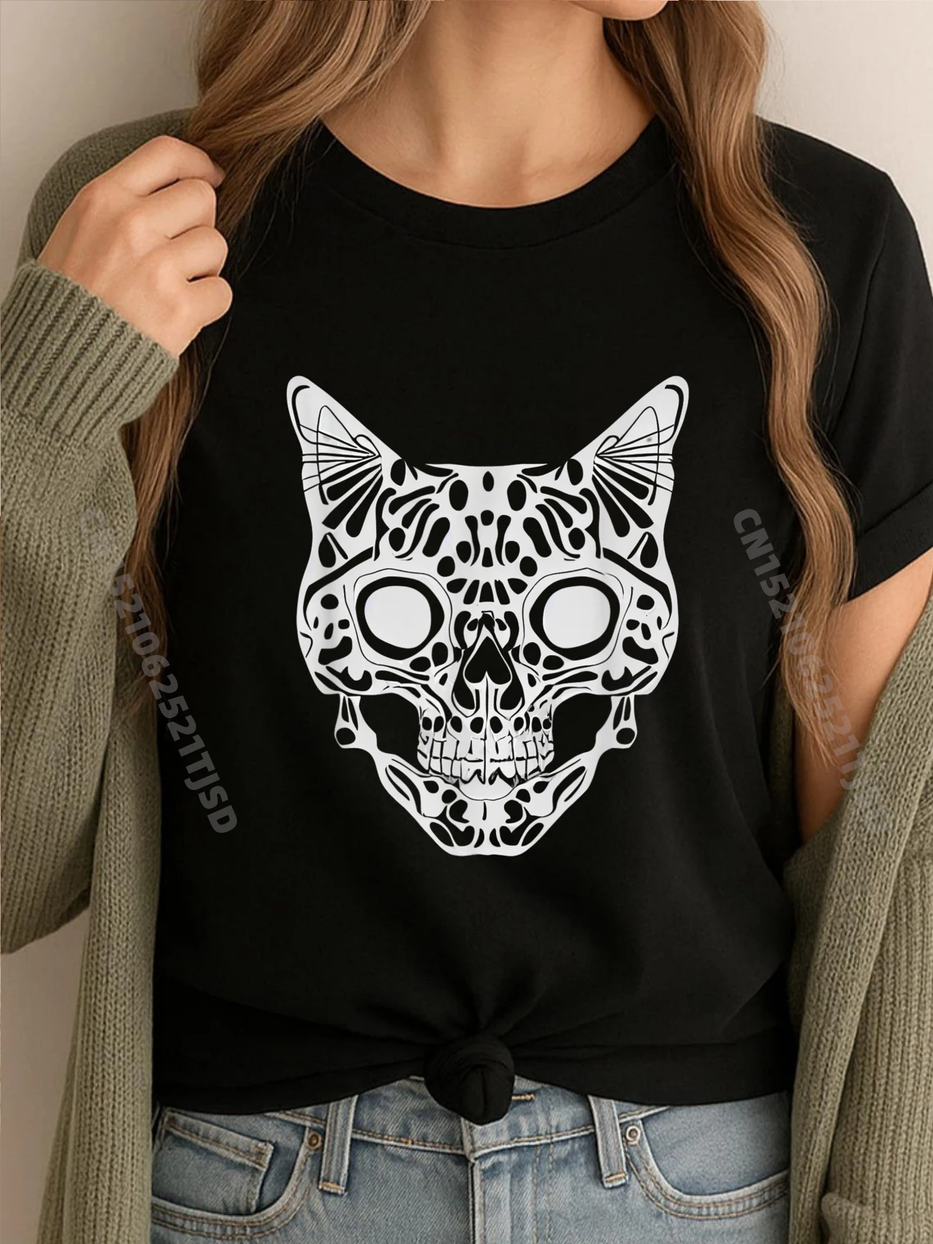 

Костюм на Хэллоуин с черепом кота, черная рубашка с рисунком кота на Хэллоуин, молодежные футболки, потертая футболка, женская футболка большого размера