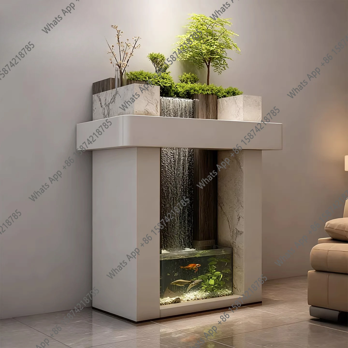 Landscaping Xuanguantai Modern Fish Tank Waterfall Side Cabinet Stainless Steel Living Room Circulating Water Landscape