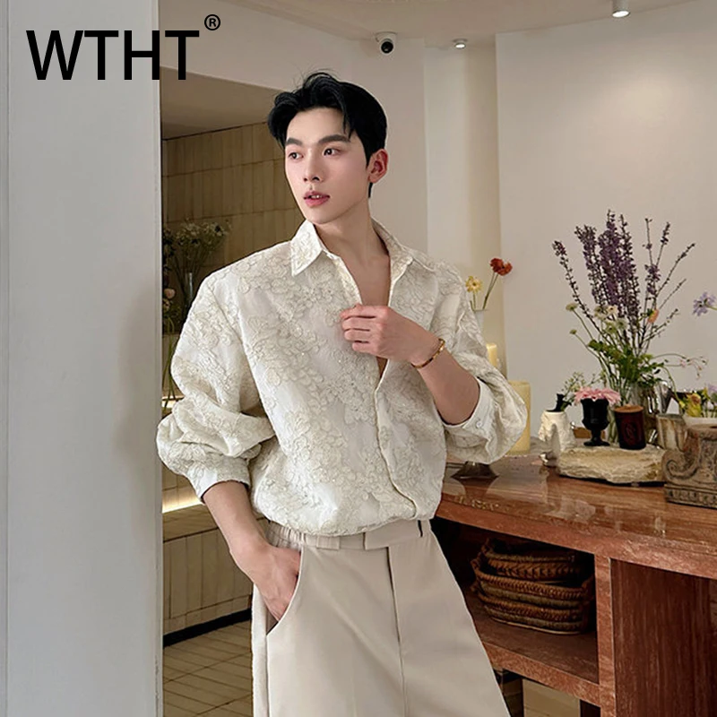 

WTHT Fashion Men's Spliced Flower Embroidery Casual Shirts Trendy 2026 Summer Turn Down Collar Loose Shirts Male 2A2882