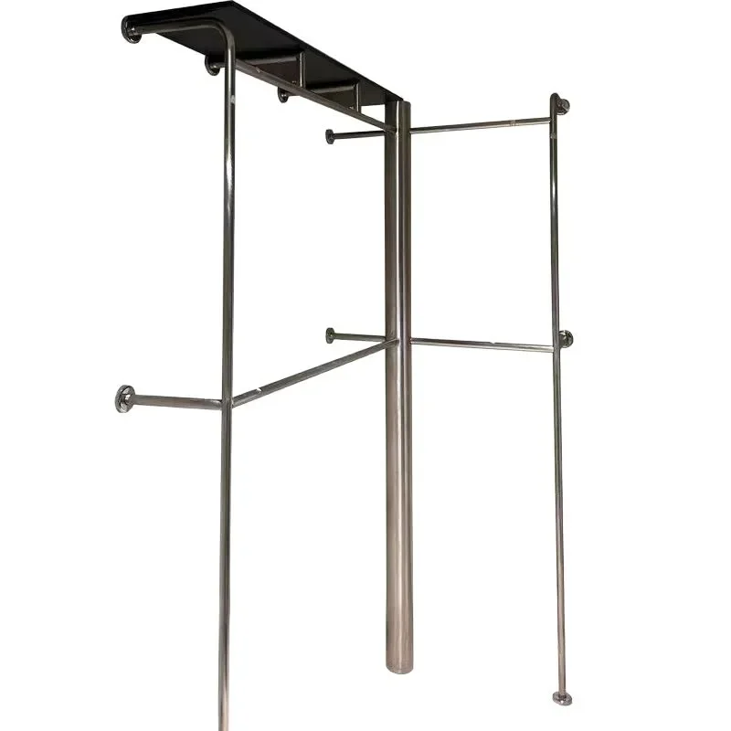Stainless steel brushed clothing display rack, cloakroom, coat rack, wall display, with plate display, clothes rod rack