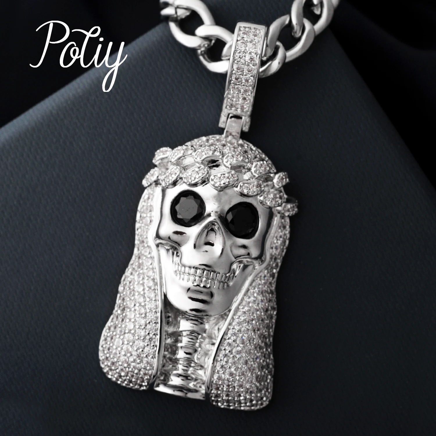 

Potiy Vintage Skull Skeleton Jesus CZ Pendant Necklace Copper With Chain for Men Women