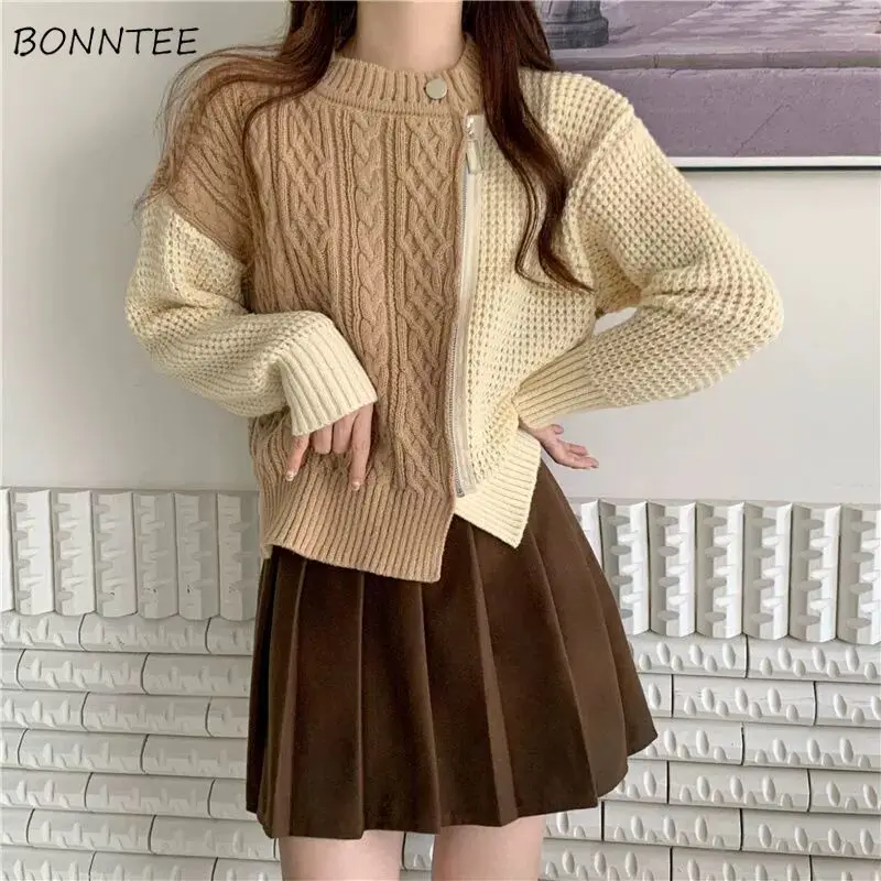 Zipper Pullovers Women Panelled Irregular Patchwork Retro Twist Slit Sweaters Design Thicker Loose Long Sleeve Knitwear Chic