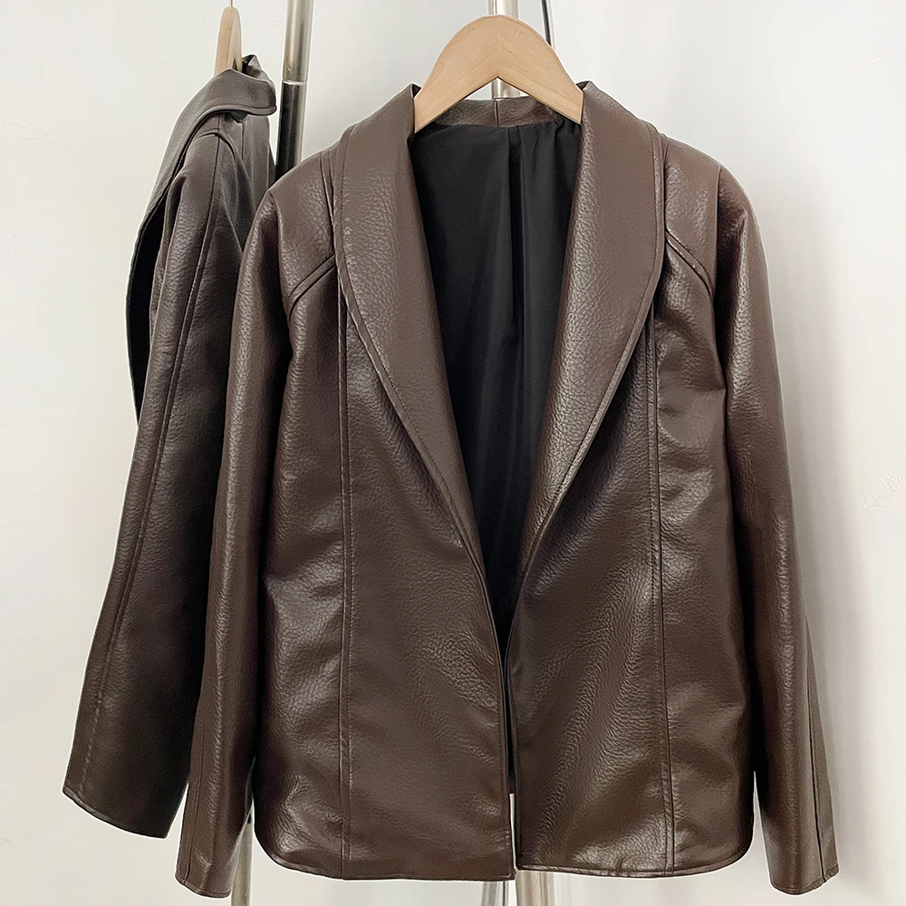 OFTBUY Neue Frühlings-Streetwear Damen Schicke Oversized PU-Lederjacke mit Revers, Lässiger Mantel mit langen Ärmeln, überschnittenen Schultern und Gürtel für Damen – Detail 8
