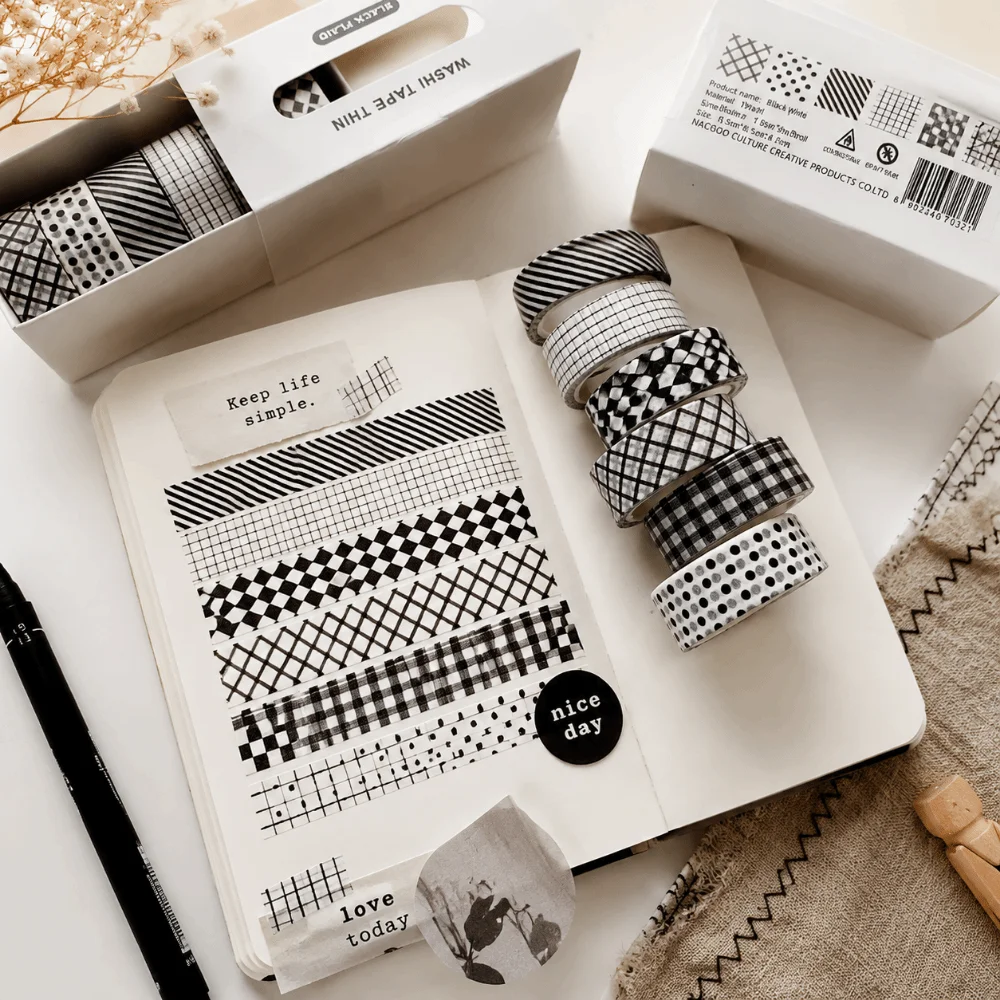 6Rolls Checkered Pattern Paper Washi Tape Stripe Dots Decorative Tape DIY Decoration Craft Tape Student Stationery