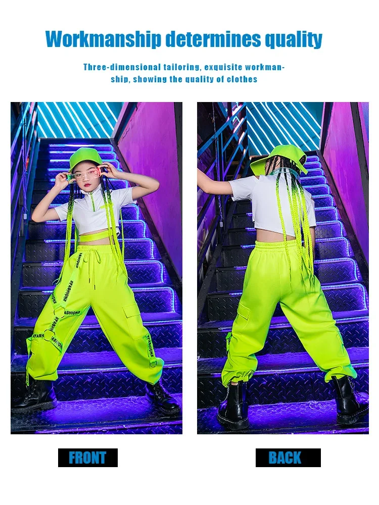 

ZZL Children Hip-hop Fashion Cool Girl Jazz Dance Urban Dance Children's Performance Clothing Fluorescent Green Pantsuit