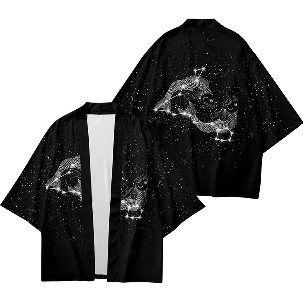 Men's Fashion Japanese Summer Kimono Sun Moon Print Traditional Cardigan Kimono Holiday Casual Short-sleeved Beach Shirt