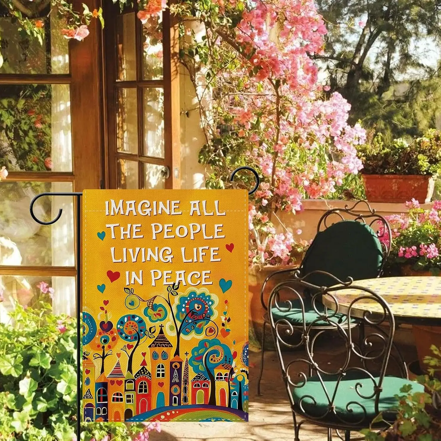 Dyrenson Imagine All The People Living Life in Peace Garden Flag, Colorful Abstract Town Inspirational Equality Yard Outside AAS