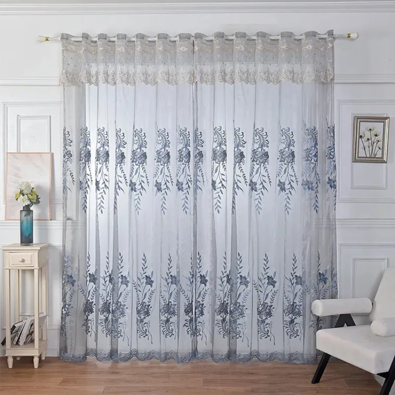 

Double-layer Embroidered Colth Yarn Integrated Luxury Blackout Curtains Bedroom Living Room Balcony Custom Gray-Blue Tulle Set