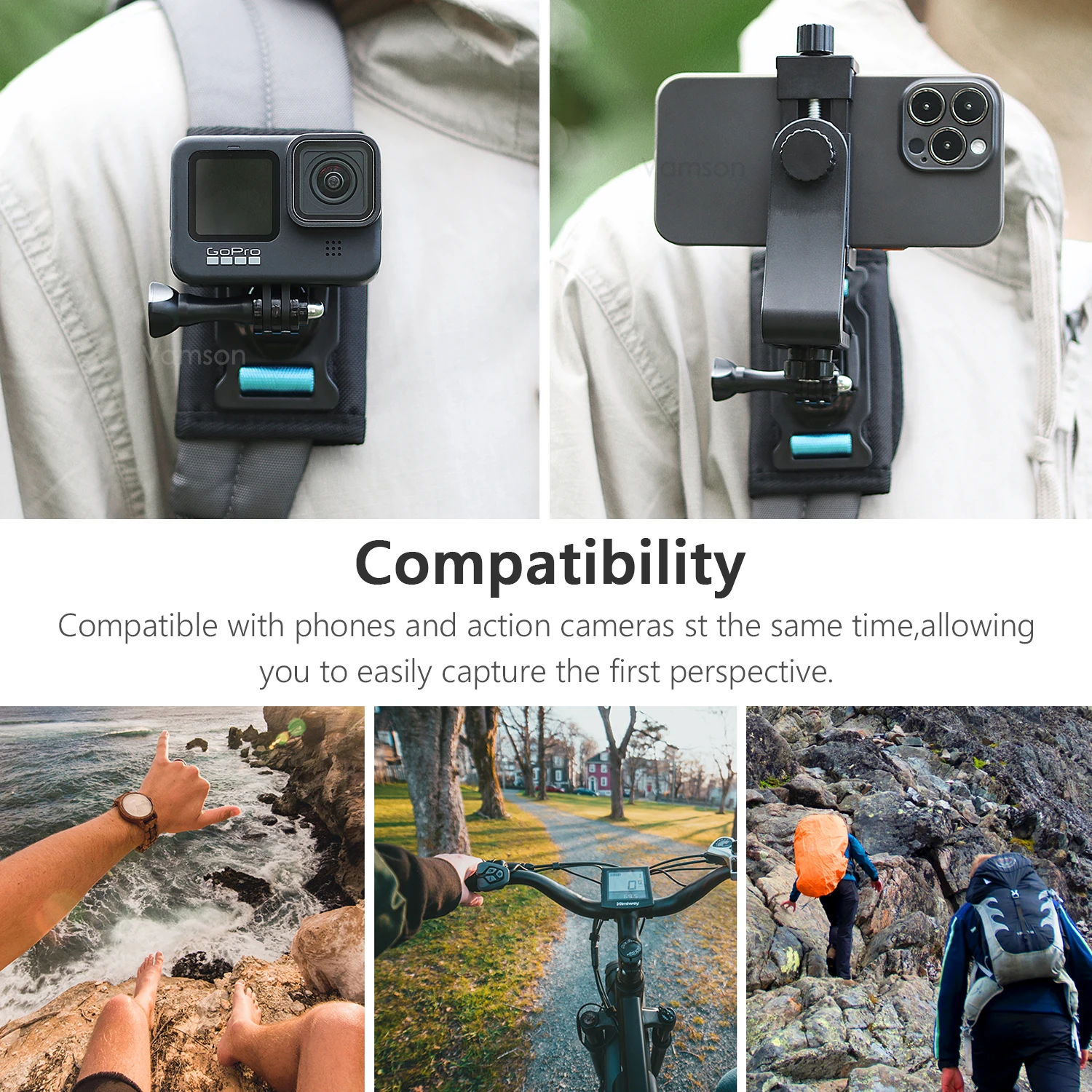 Vamson 360°Adjustable Phone Backpack Clip CellPhone Holder for iPhone Mount Hiking Outdoor Live Broadcast Smartphone Bracket