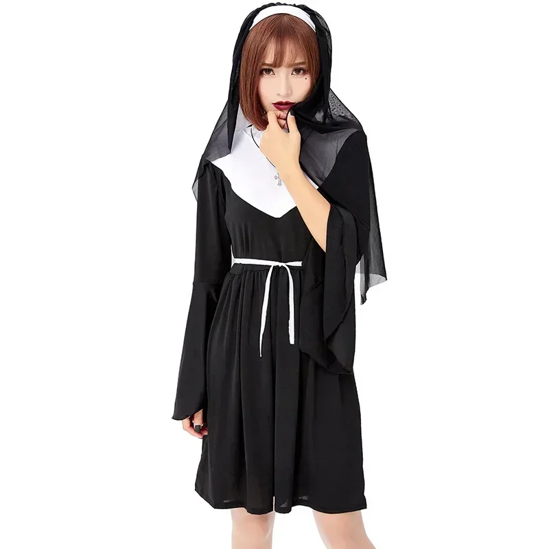 Halloween Costume Women's Nun Costume Traditional Adult Sister Black Robe Religious Costumes CosplayHalloween Costumes for Women