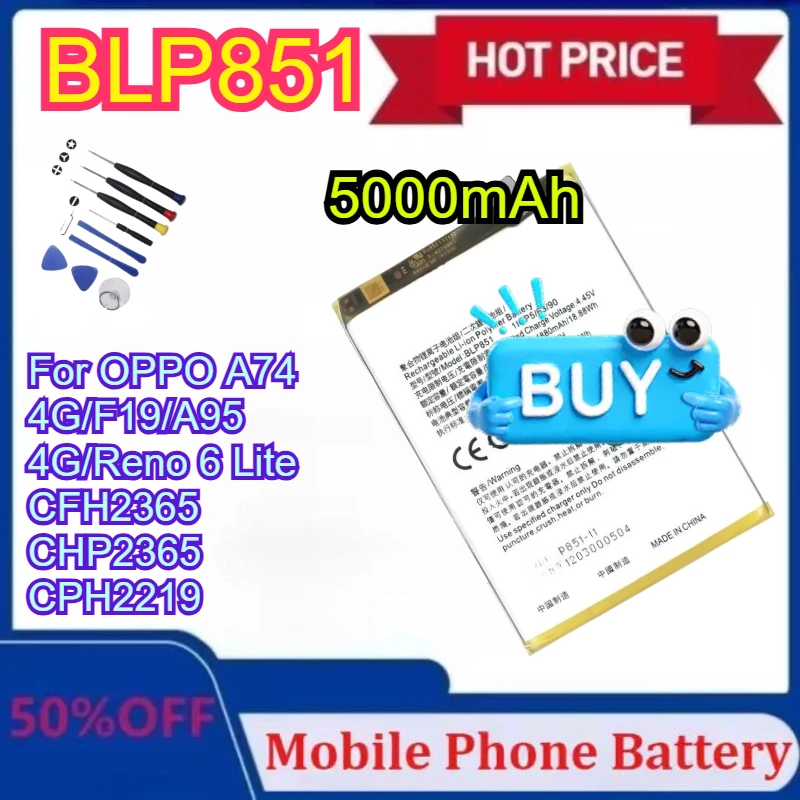 

Сменный аккумулятор BLP851 5000 мАч для OPPO A74 4G/F19/A95 4G/Reno 6 Lite CFH2365 CHP2365 CPH2219, аккумуляторы для мобильных телефонов