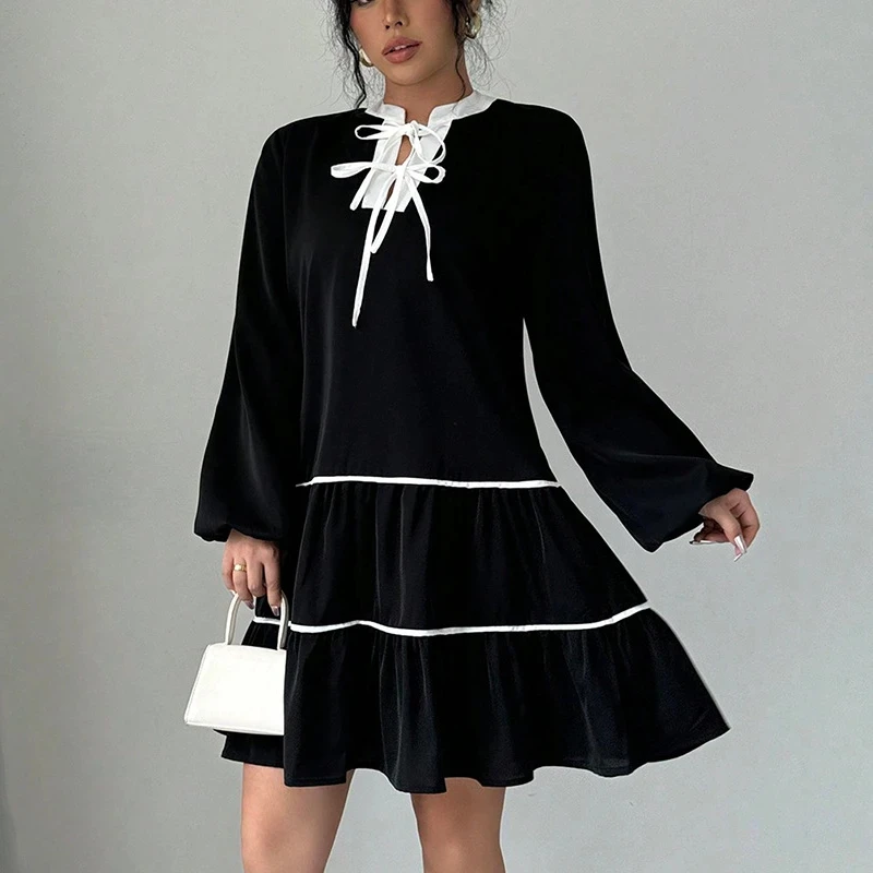 

fashion Temperament Color block V-neck Lantern Sleeve bow loose High Waist A-line Short Dresses Spring Autumn Women's New Dress