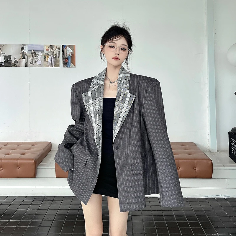 

SuperAen Lace Turn-down Collar Patchwork Temperament Suit Jacket Autumn New Oversize Loose Striped Fashion Blazer