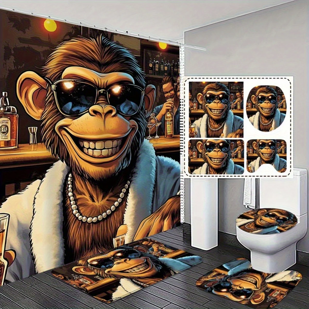 

4 шт. Набор для ванной комнаты Fun Cool Monkey Themed — занавеска для душа, нескользящие коврики и крышка унитаза — забавный и стильный декор для