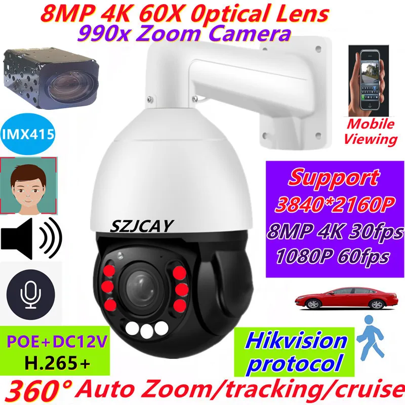 

SZJCAY 8MP 4K 60X Optical Zoom PTZ IP Camera Hikvision Protocol Outdoor High Speed Dome PTZ IP Camera Dahua Protocol IR 300m