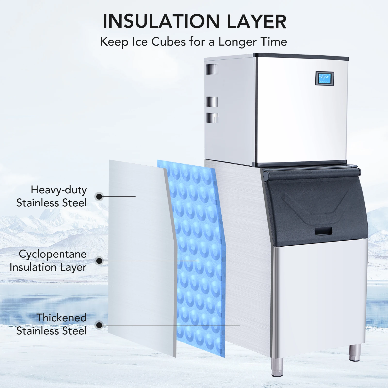 Machine à glaçons commerciale avec grand bac de stockage artériel, automatique, livre automatique, panneau LED 600 ", 350 artériel, 24h, 3.5 W