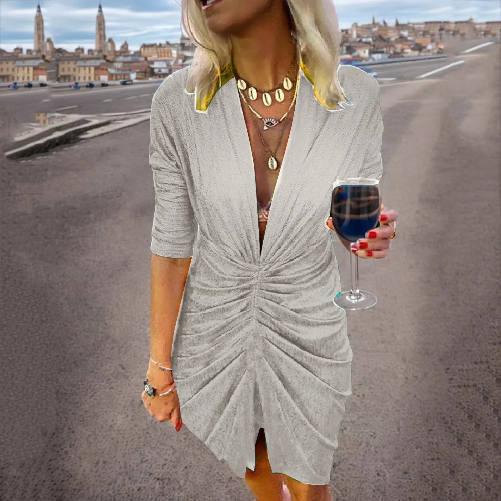 2024 sexy tiefe V-Ausschnitt drapiert Seide Party kleid Frauen neue elegante schlanke Schlitz Mini kleid Frühling Herbst lässig solide figur betonte Kleider