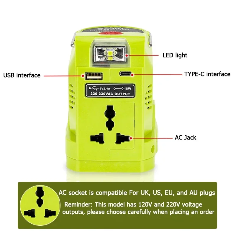 Generador de energía portátil de 200W con USB Dual, luz LED de 280LM para batería de litio Ryobi de 18V, inversor de energía portátil