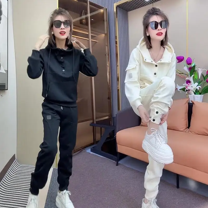 

Hoodie Set 2025 Autumn New Fashion Button Decoration Hoodie Casual Solid Color Simple Sports Slimming Pants Two piece Set
