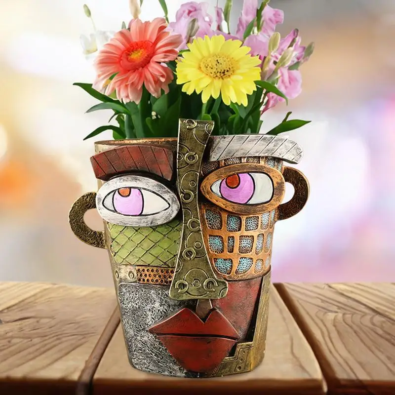 Abstract Face Planter Creative Resin Head Flower Pots With Handles retro Human Face Colorful Abstract Art Flowerpot For Plants