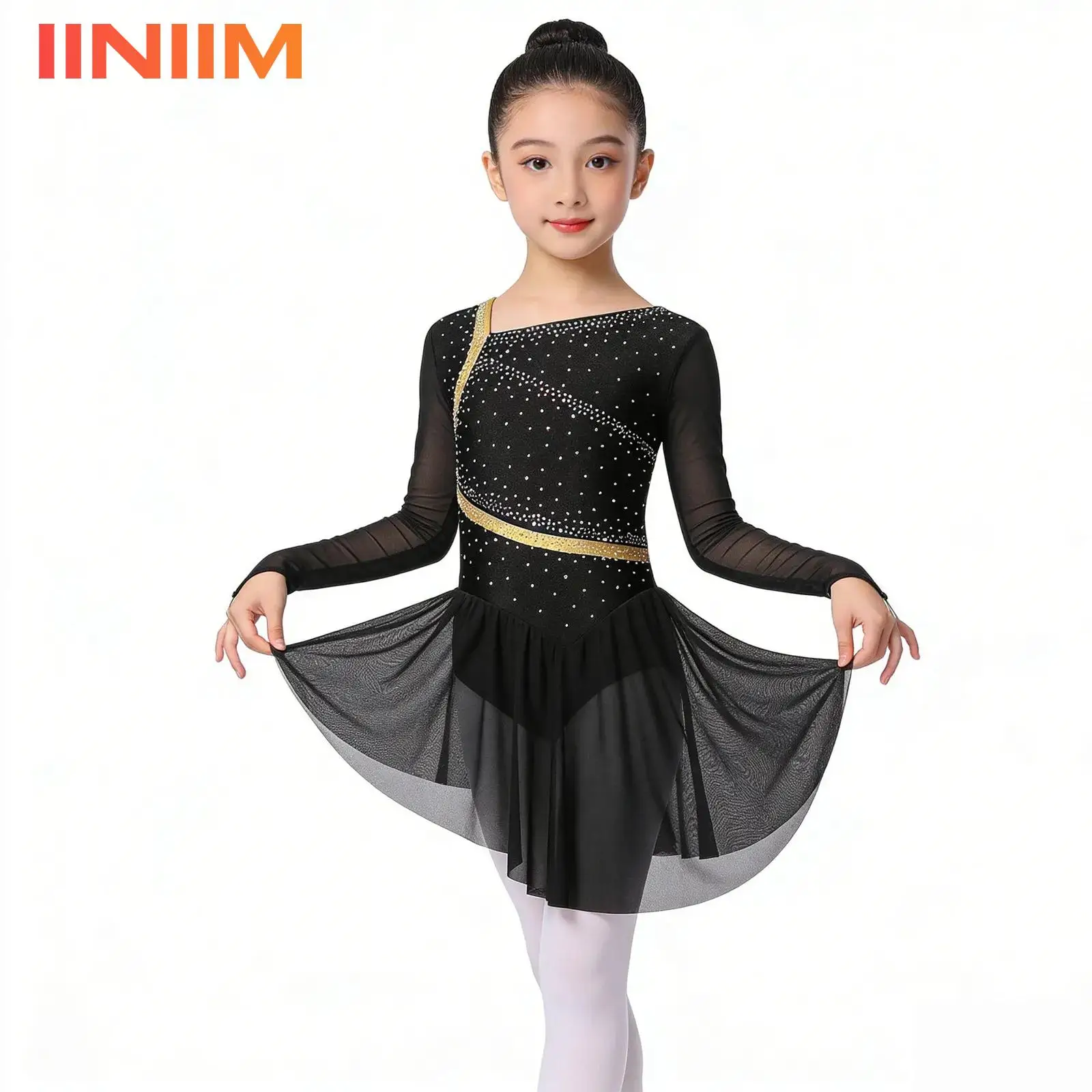 

Kids Girls Rhinestone Gymnastics Artistic Figure Skating Ballet Lyrical Dance Dress Costume Long-sleeve Rhinestone Dancewear